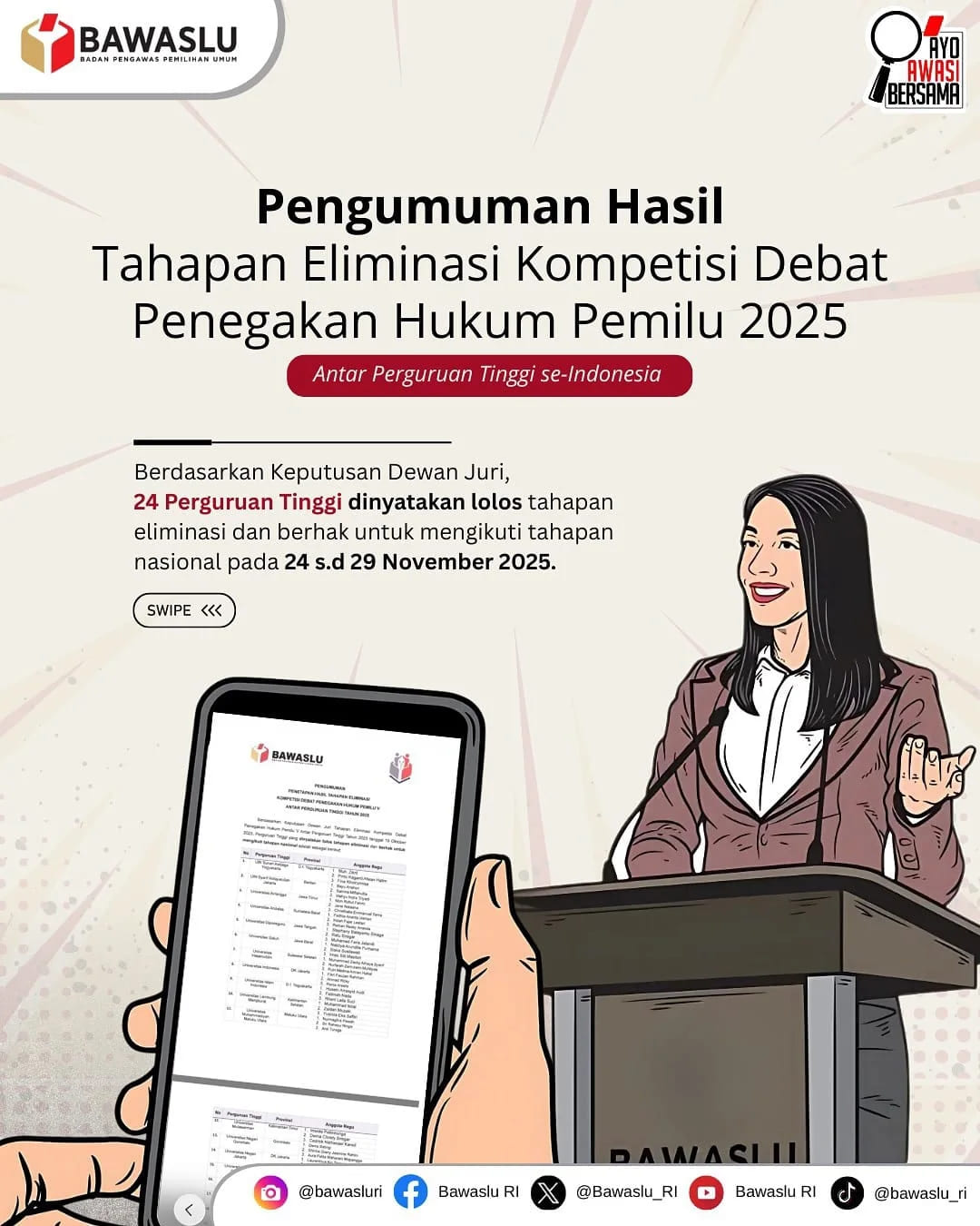 24 Perguruan Tinggi Lolos Tahapan Eliminasi Kompetisi Debat Penegakan Hukum Pemilu (PHP) V