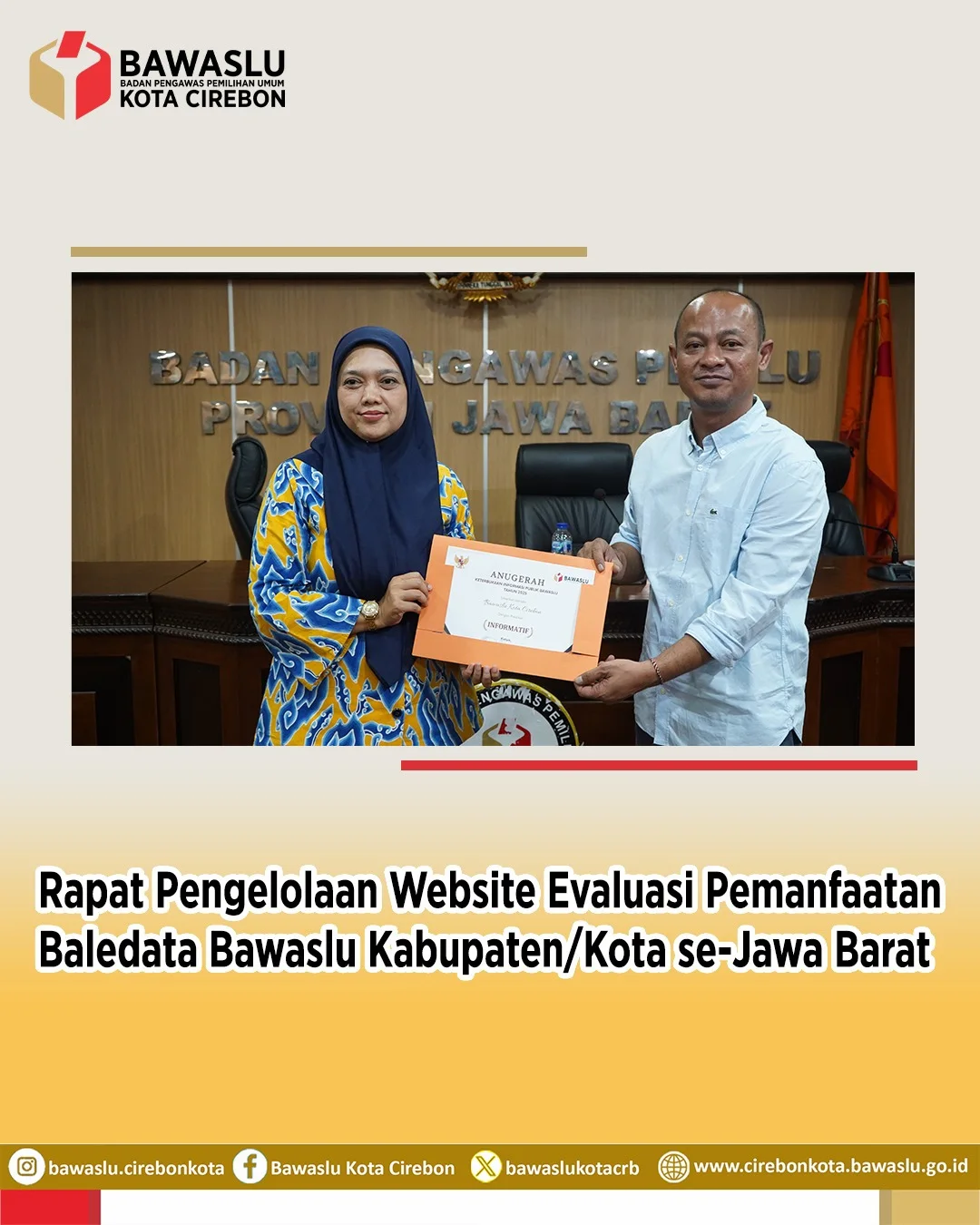 Bawaslu Kota Cirebon Raih Penghargaan Keterbukaan Informasi Publik di Jawa Barat