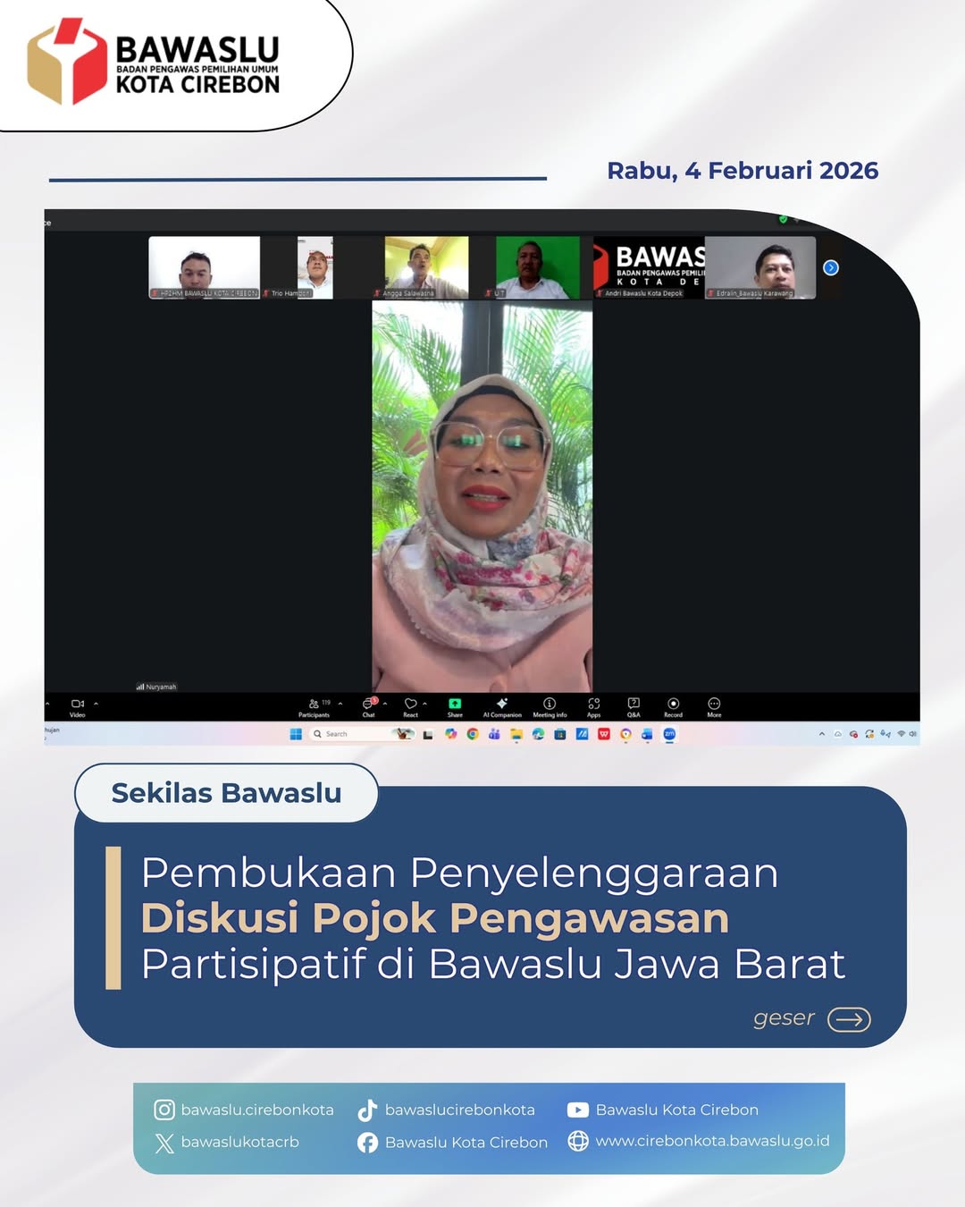 Bawaslu Kota Cirebon Ikuti Pembukaan Penyelenggaraan Diskusi Pojok Pengawasan Partisipatif di Bawaslu Jawa Barat