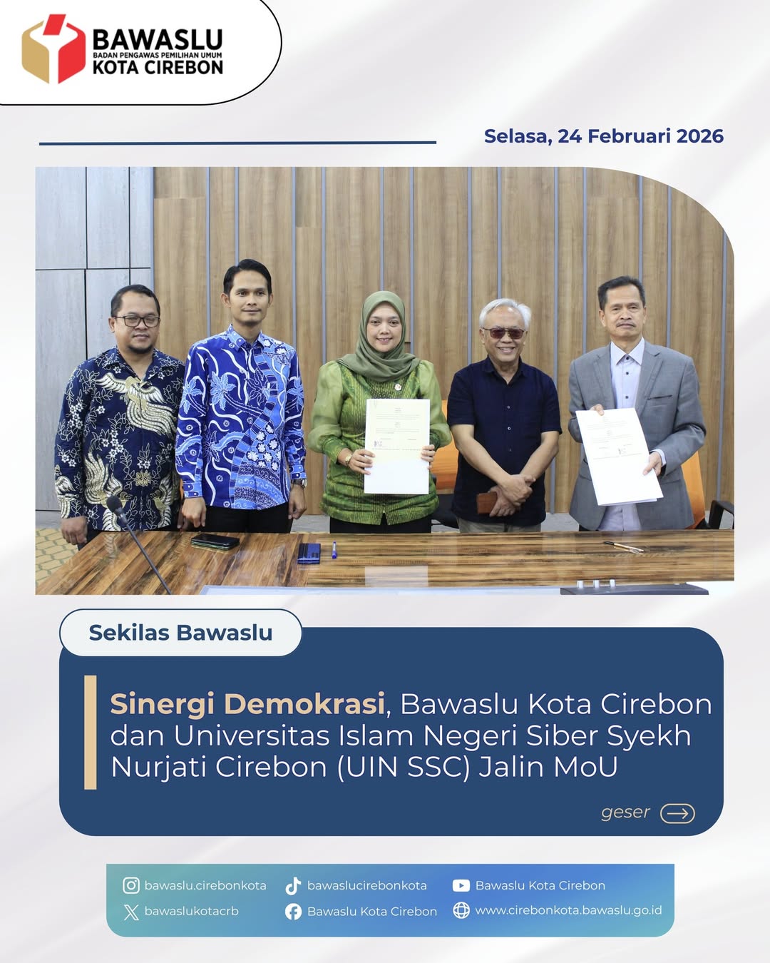 Perkuat Demokrasi di Masa Nontahapan, Bawaslu Kota Cirebon Teken MoU dengan UIN Siber Syekh Nurjati Cirebon