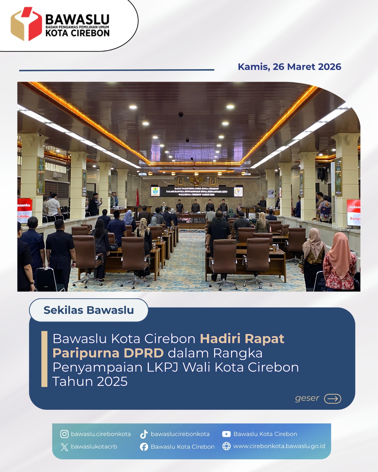Bawaslu Kota Cirebon Hadiri Rapat Paripurna Penyampaian LKPJ Wali Kota Tahun 2025