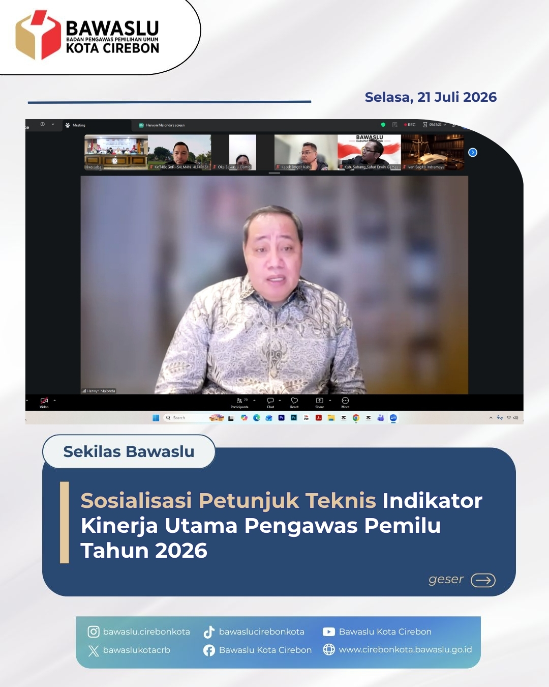 Optimalkan Kinerja Pengawasan, Pimpinan Bawaslu Kota Cirebon Ikuti Sosialisasi Juknis IKU 2026