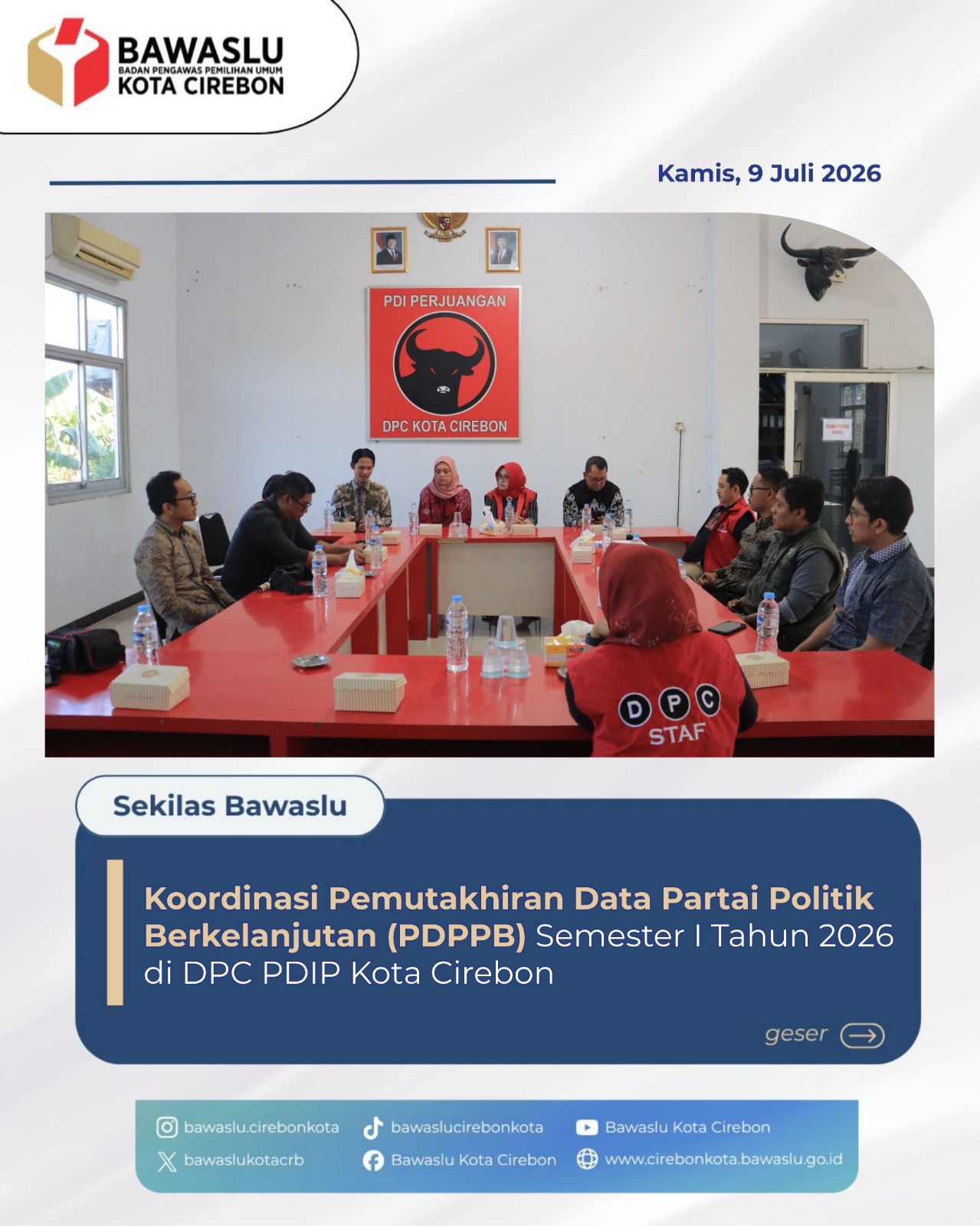 Bawaslu Kota Cirebon Gelar Koordinasi, Pastikan Validitas Pemutakhiran Data PDI Perjuangan