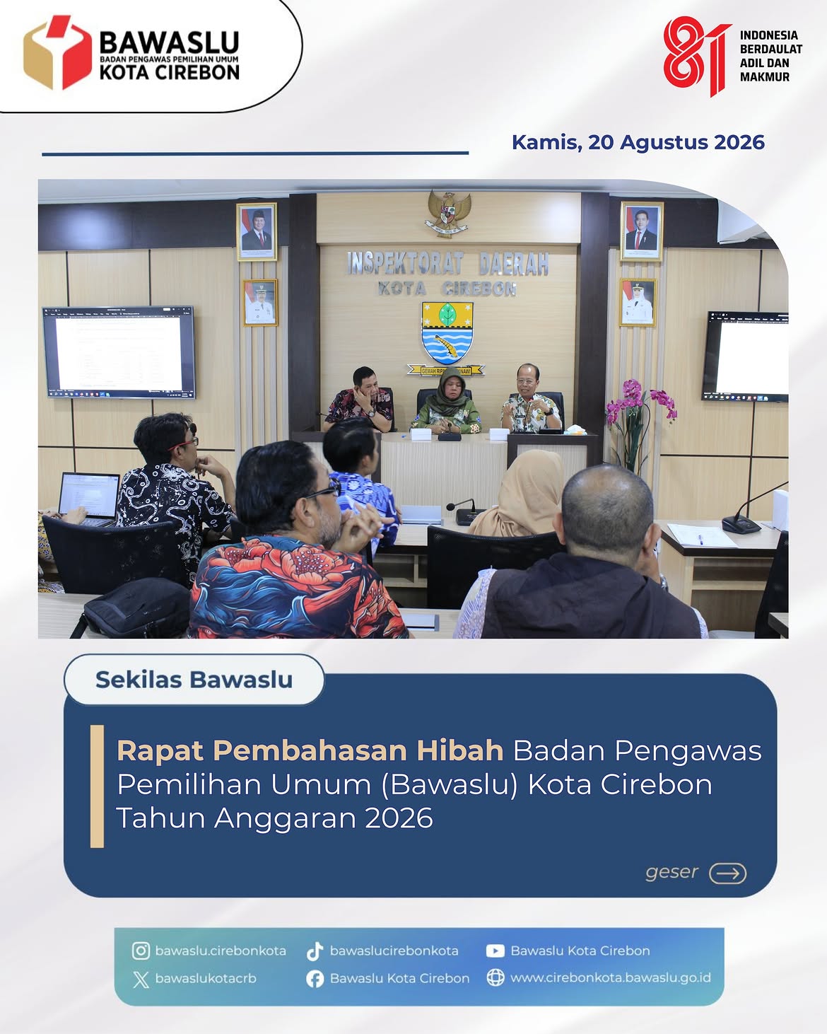 Bawaslu Kota Cirebon Perkuat Sinergi Pengelolaan Hibah TA 2026 Bersama Bakesbangpol dan Inspektorat