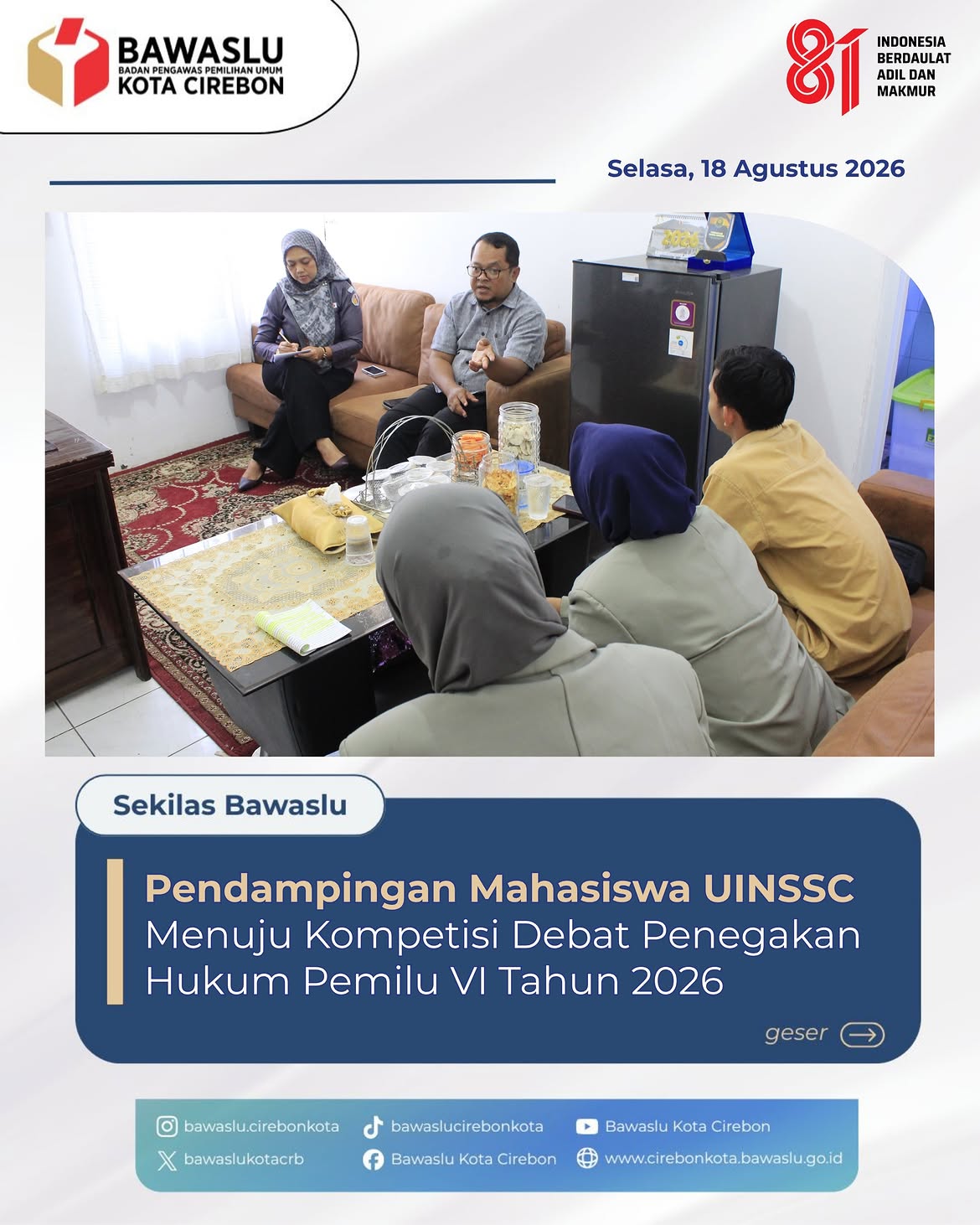 Dampingi Mahasiswa UINSSC ke Kompetisi Debat Pemilu VI, Bawaslu Kota Cirebon Mendorong Integritas Generasi Muda
