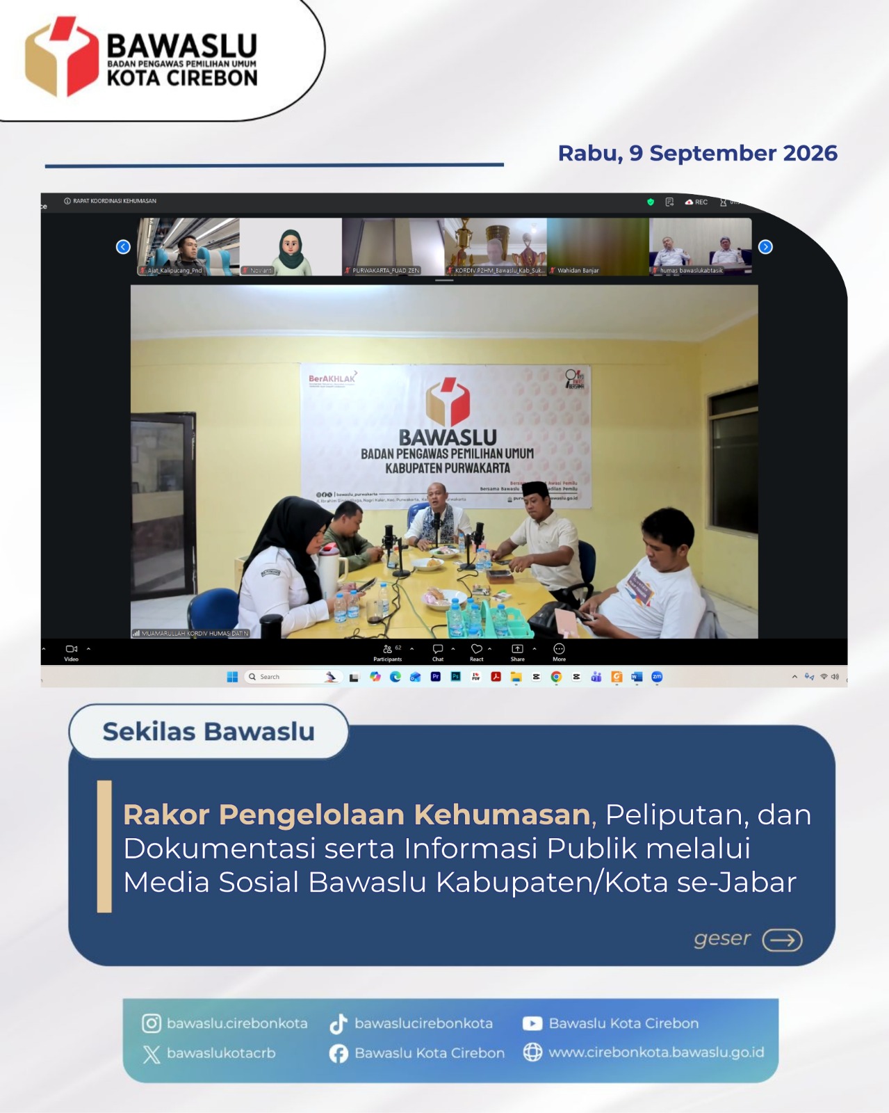 Bawaslu Kota Cirebon Ikuti Rakor Pengelolaan Kehumasan dan Media Sosial se-Jawa Barat