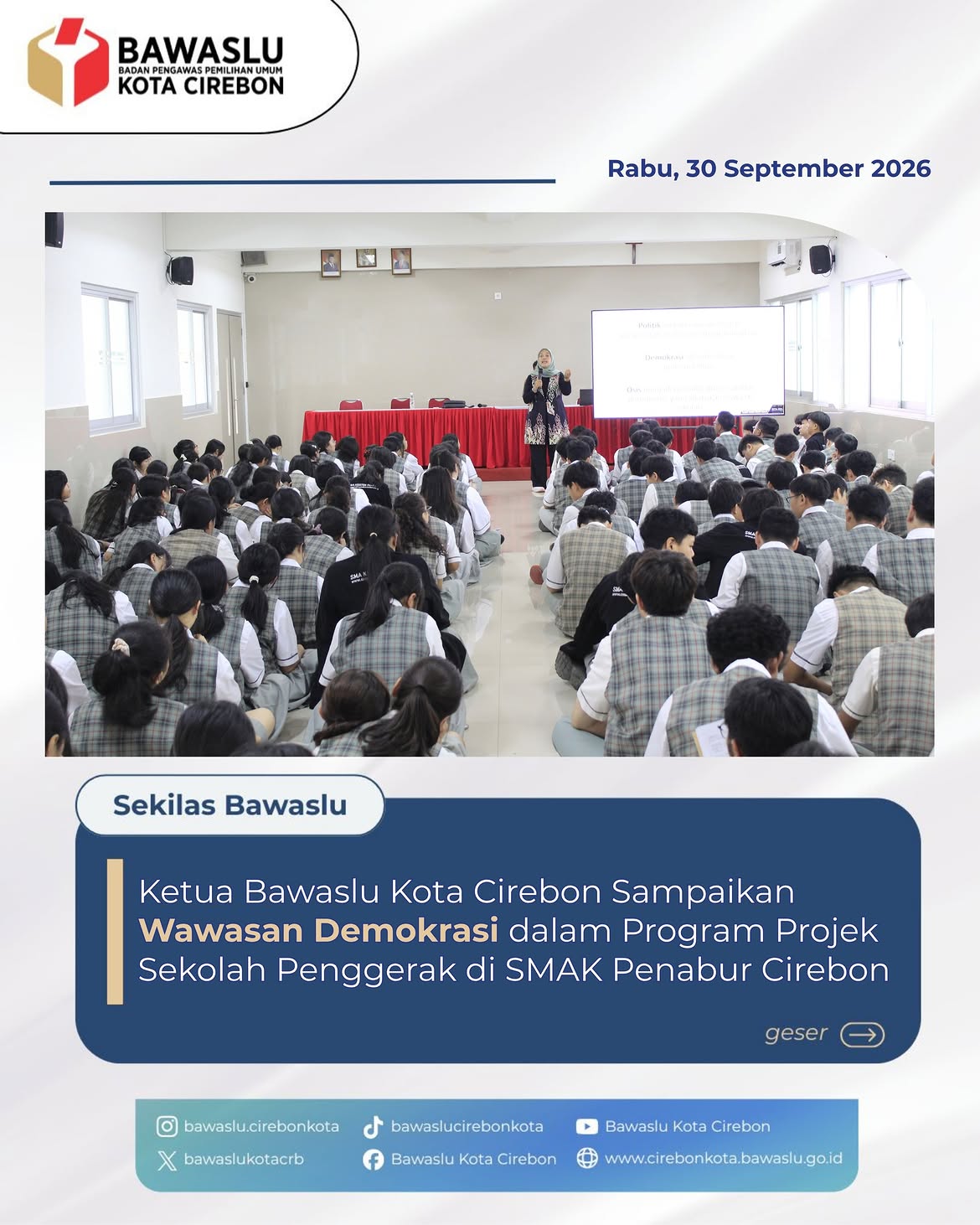 Ketua Bawaslu Kota Cirebon Jadi Pembicara "Suara Demokrasi" di SMAK Penabur